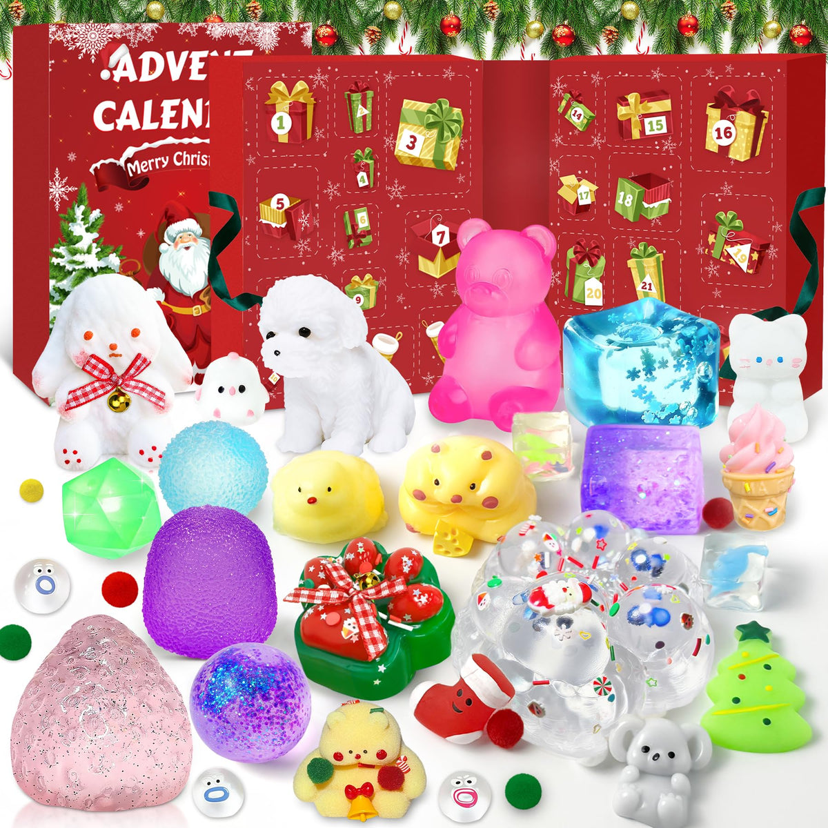Christmas Calendar Holding 24 Different Squishies Including a Clear Cat Paw, Bunnies, Bears and a Strawberry