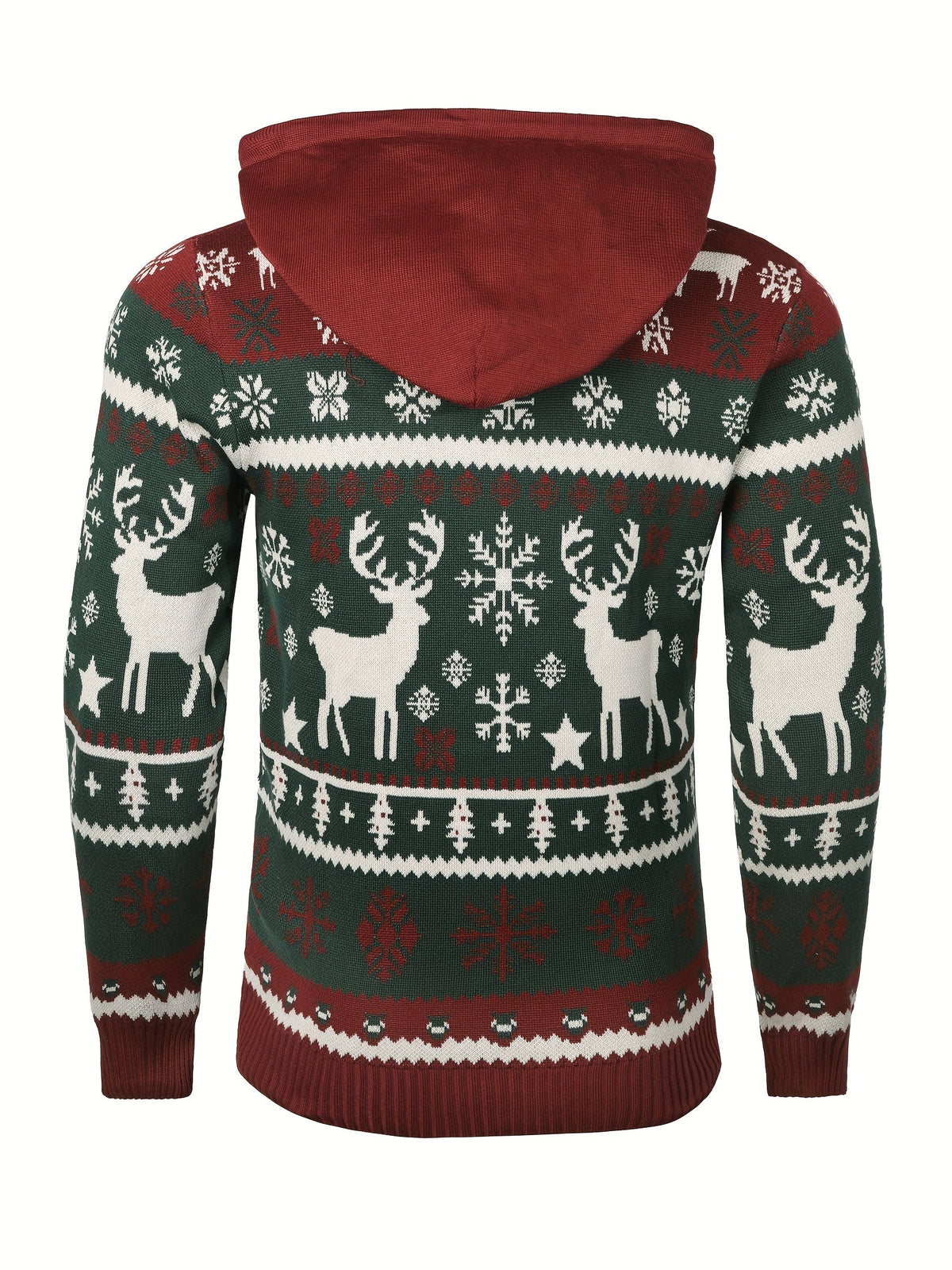 Christmas Hooded Sweater with Reindeer, Snowflake and Star Patterns and Drawstring Hood