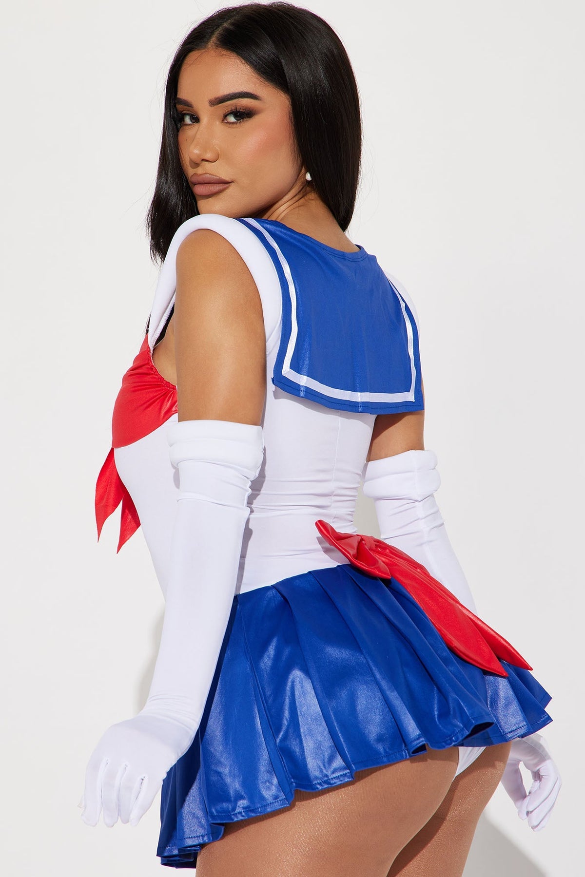 Sailor School Girl Halloween Costume for Women with Bow Bodysuit Pleated Skirt and Gloves