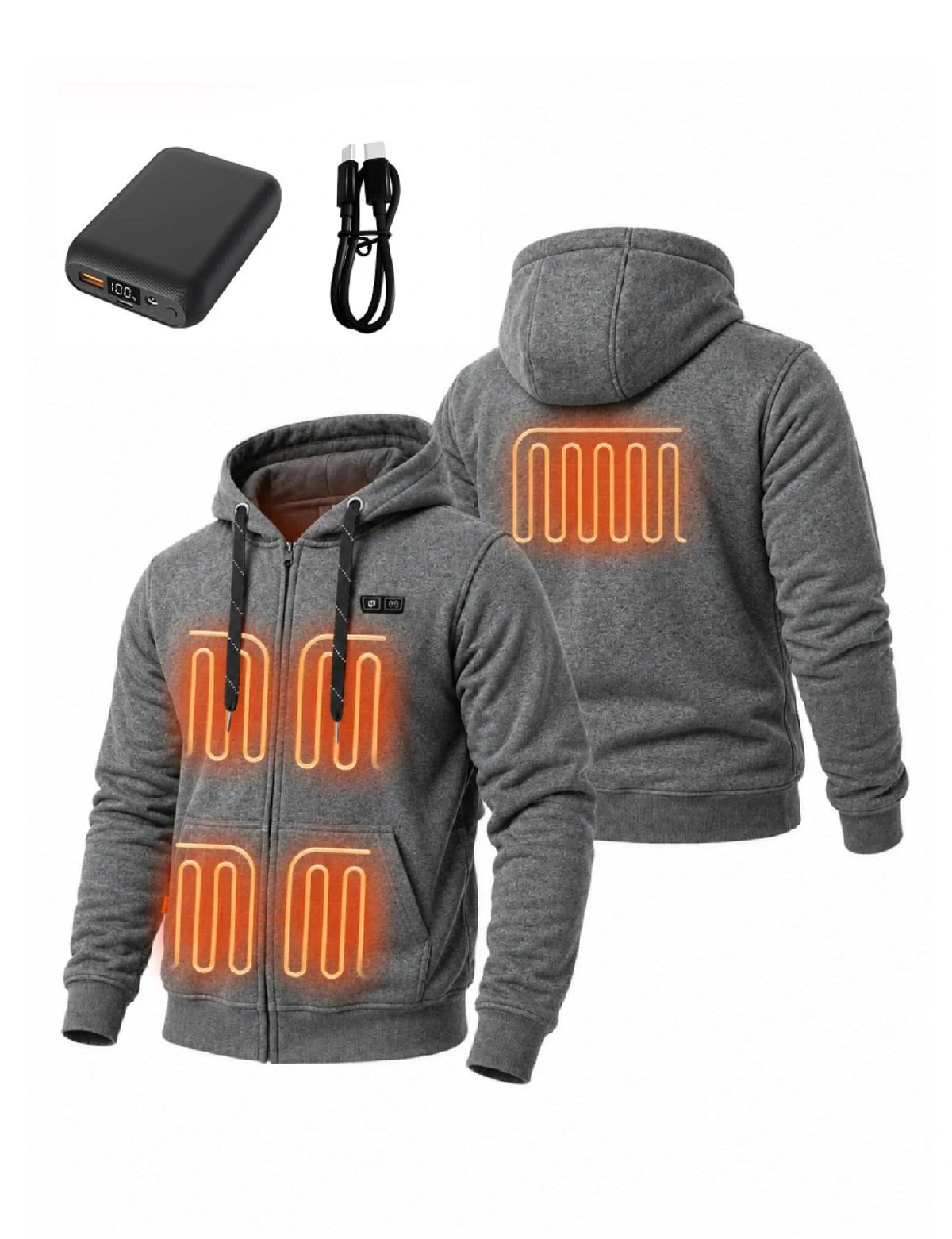 Mens Electric Heated Zipper Sweatshirt with Rechargeable Battery Pack and Dual Heating Zones