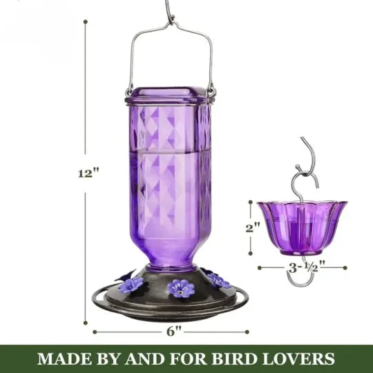 Glass Hummingbird Feeder with a 24 Ounce Capacity, Six Flower Shaped Ports and an Ant Moat in Red or Purple