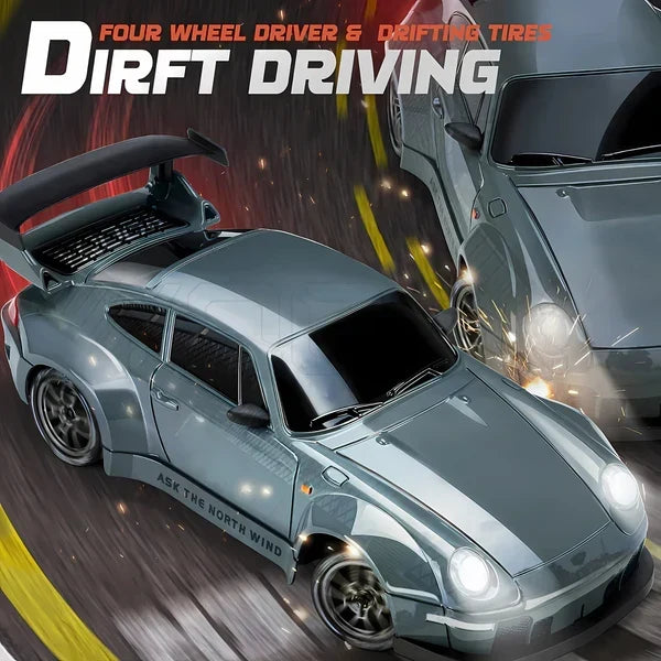Four Wheel Drive Remote Control Car with LED Lights, Race and Drift Wheels and Mini Traffic Cones