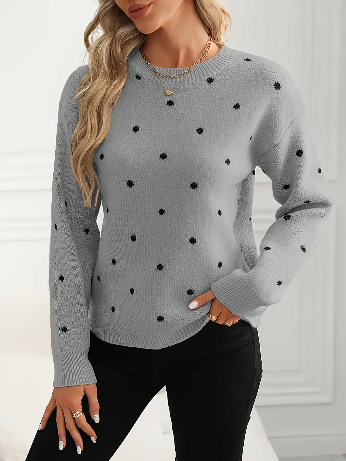 Polka Dot Crew Neck Sweater with Light Stretch and Soft Warm Knit for Fall and Winter