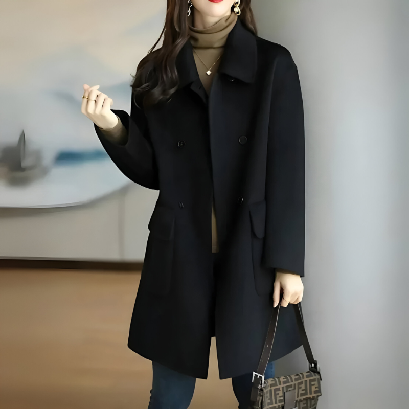 Formal Coat with Double Breasted Button Front and Structured Shoulders, Hip Pockets