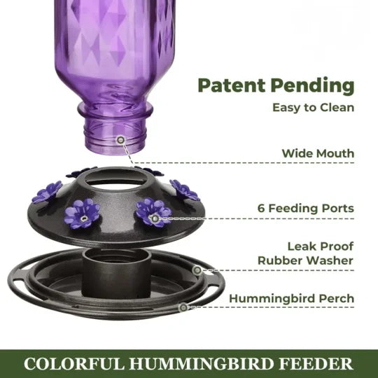 Glass Hummingbird Feeder with a 24 Ounce Capacity, Six Flower Shaped Ports and an Ant Moat in Red or Purple