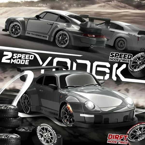 Four Wheel Drive Remote Control Car with LED Lights, Race and Drift Wheels and Mini Traffic Cones