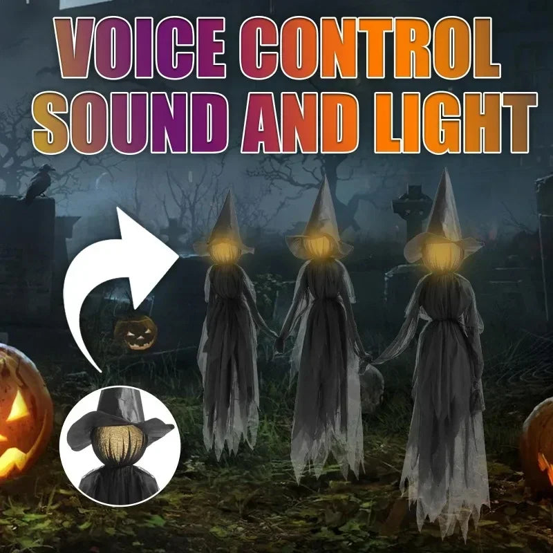 Glowing Witch Figures with Sound Activation and Flickering Lights, 59 Inch Height