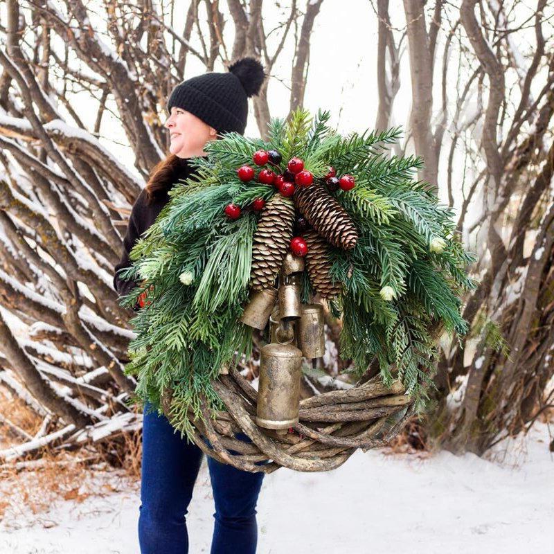 Rustic Vine Wreath with Golden Bells and Pinecones, 17 Inches
