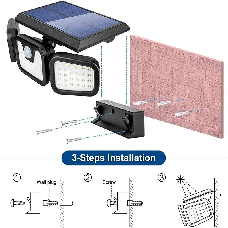 Motion Sensor Solar Light with 74 LEDs, a 270 Degree Lighting Angle and an Adjustable Head
