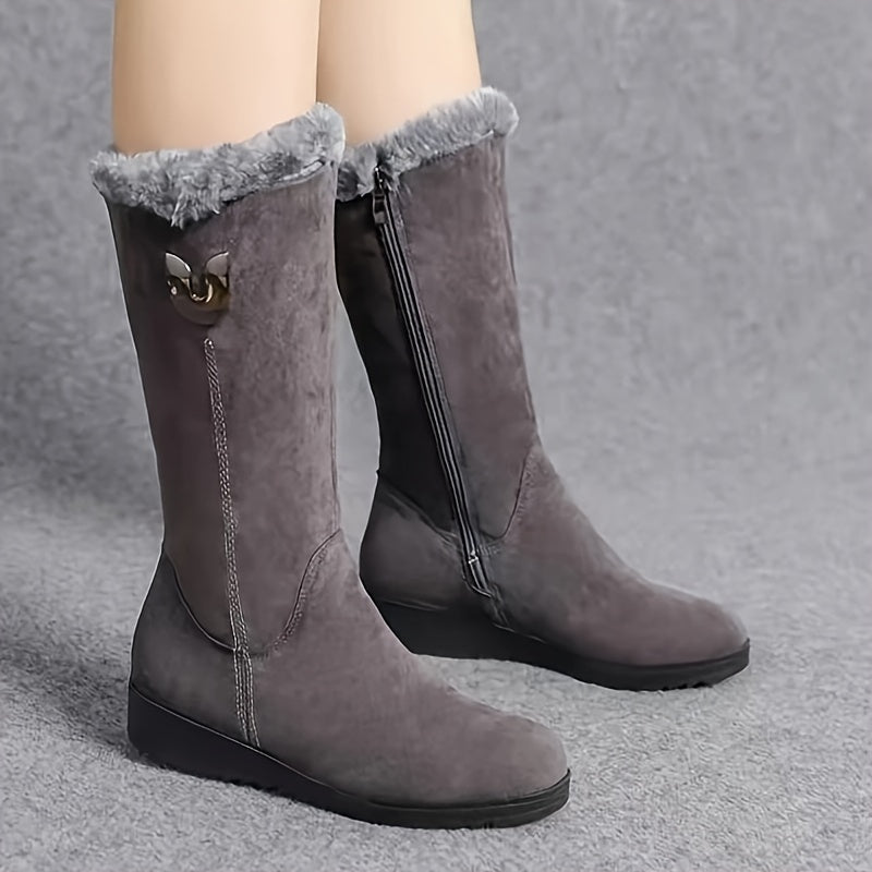 Womens Mid Calf Winter Boots with a Plush Cuff, Lining and Flat Sole in Black, Space Gray or Red Size 5