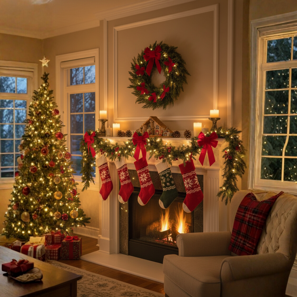 Thick Artificial Cedar Garland Set of 2 with Hanging Loops for Mantels and Staircases