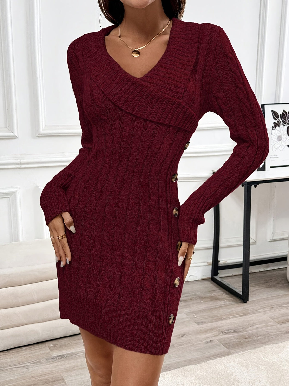 Pullover Cable Knit Dress with Crossover V Neckline and Side Button Details