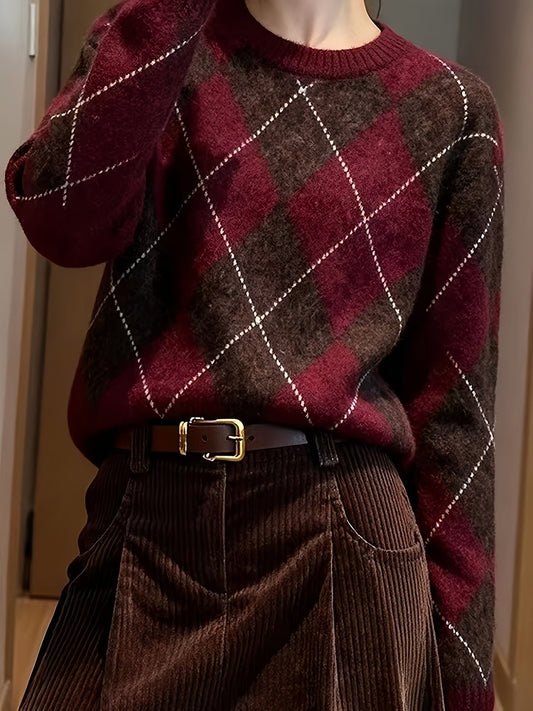 Diamond Argyle Round Neck Sweater with Relaxed Roomy Cut for Autumn and Winter Layering