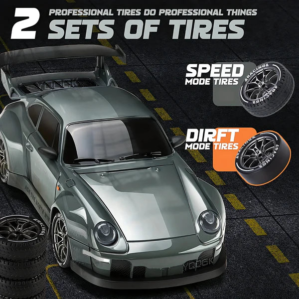 Four Wheel Drive Remote Control Car with LED Lights, Race and Drift Wheels and Mini Traffic Cones