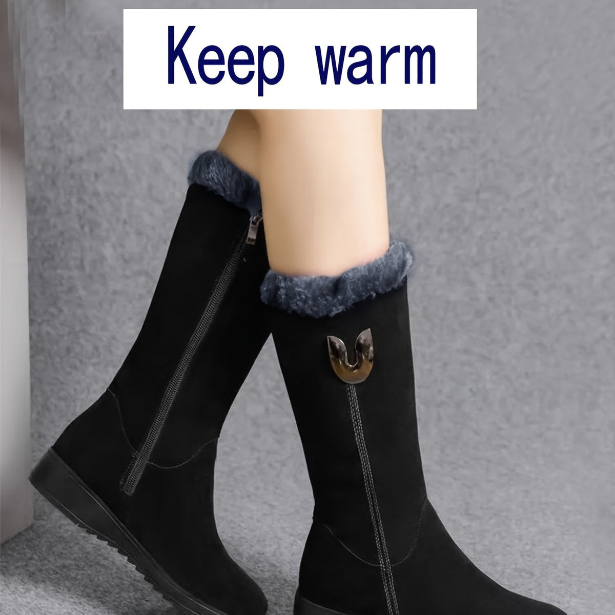 Womens Mid Calf Winter Boots with a Plush Cuff, Lining and Flat Sole in Black, Space Gray or Red Size 5