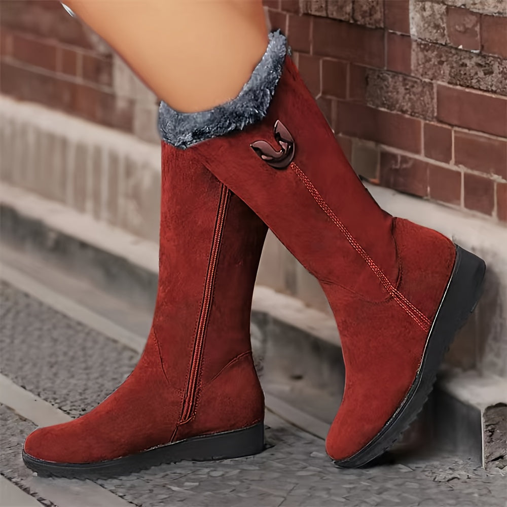 Womens Mid Calf Winter Boots with a Plush Cuff, Lining and Flat Sole in Black, Space Gray or Red Size 5