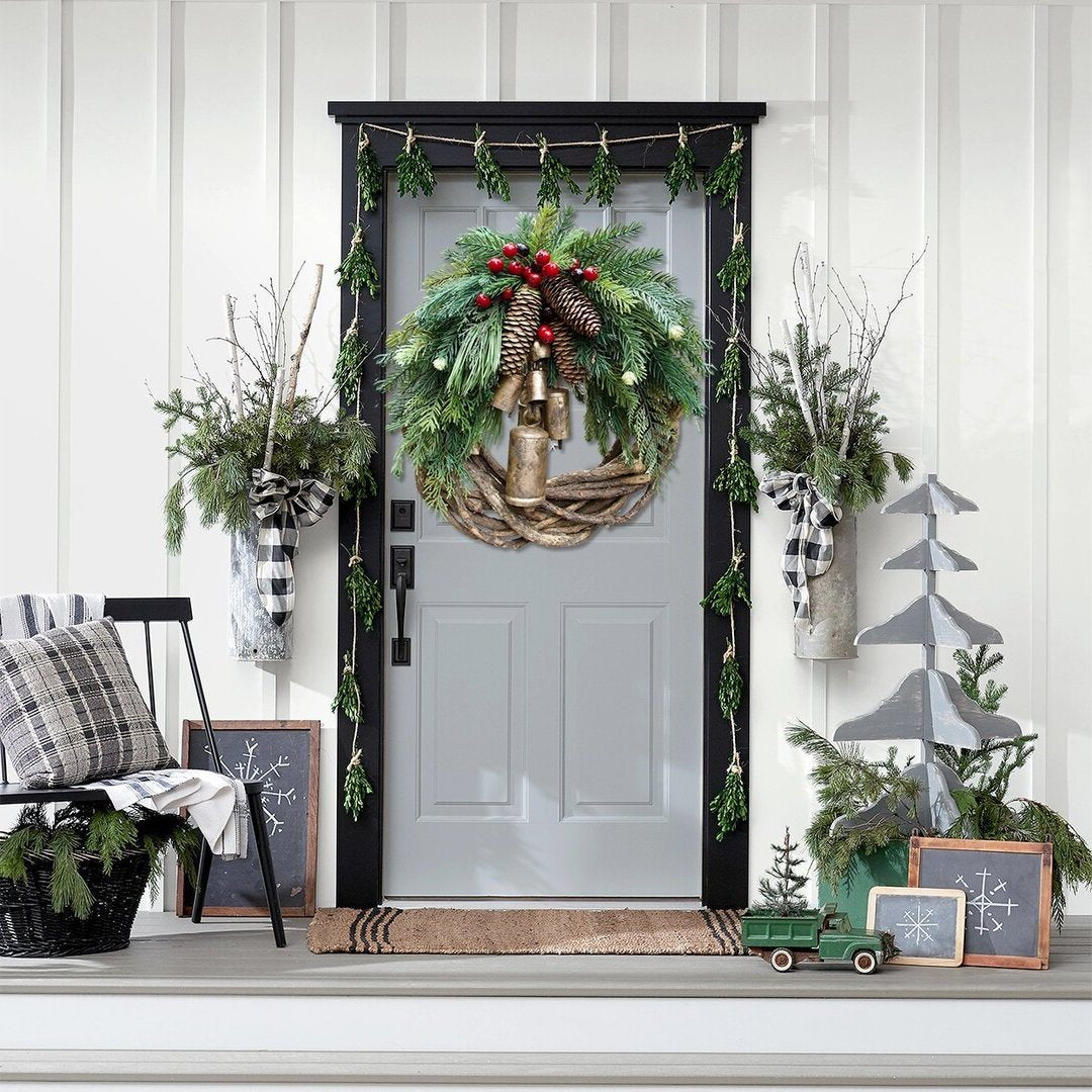 Rustic Vine Wreath with Golden Bells and Pinecones, 17 Inches