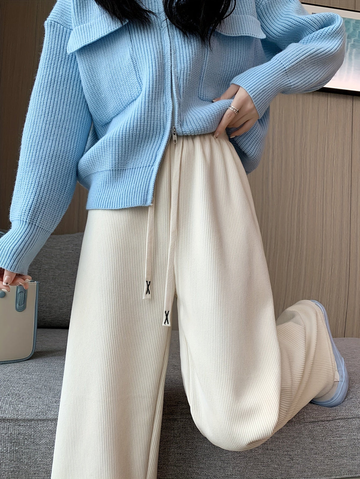 Wide Leg Lounge Pants with Thermal Lining and Elastic Waistband