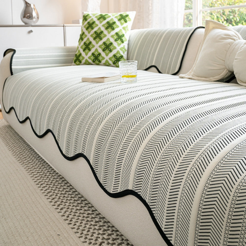 Microfiber Sofa Cover with Herringbone Weave and Scalloped Edge Trim