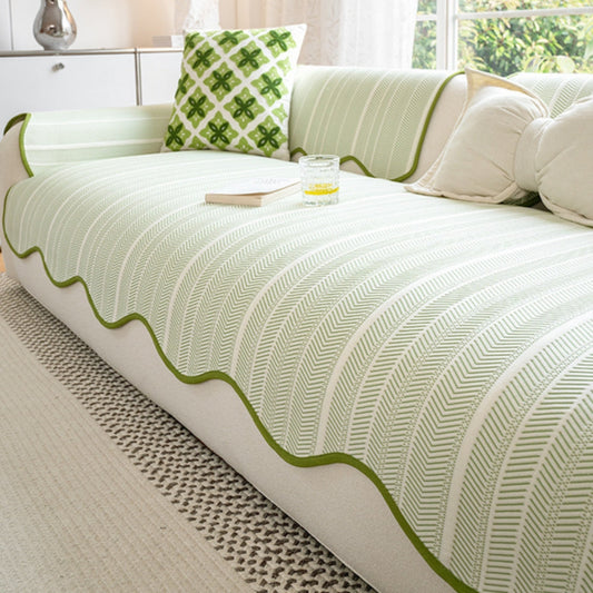 Microfiber Sofa Cover with Herringbone Weave and Scalloped Edge Trim