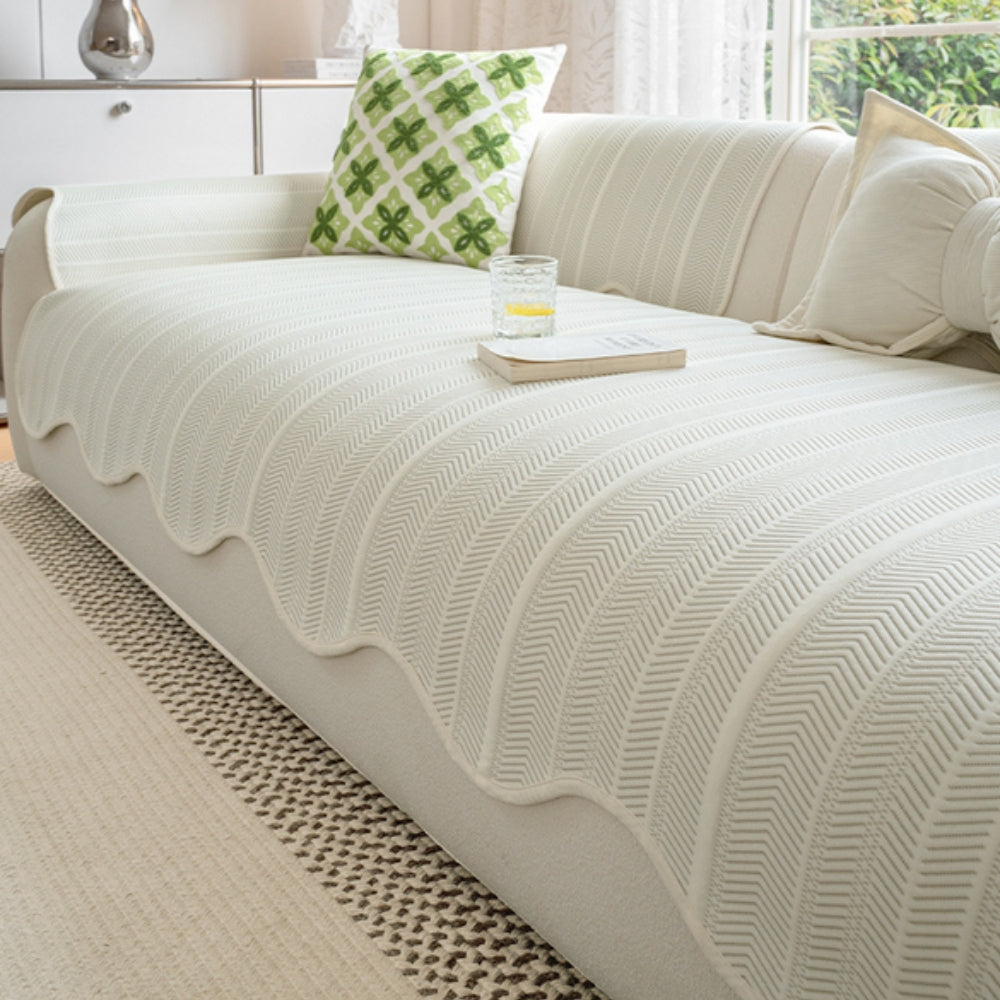 Microfiber Sofa Cover with Herringbone Weave and Scalloped Edge Trim