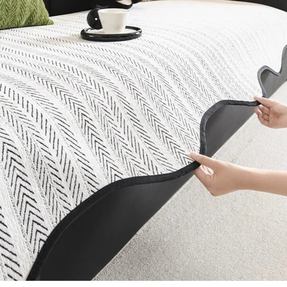 Microfiber Sofa Cover with Herringbone Weave and Scalloped Edge Trim