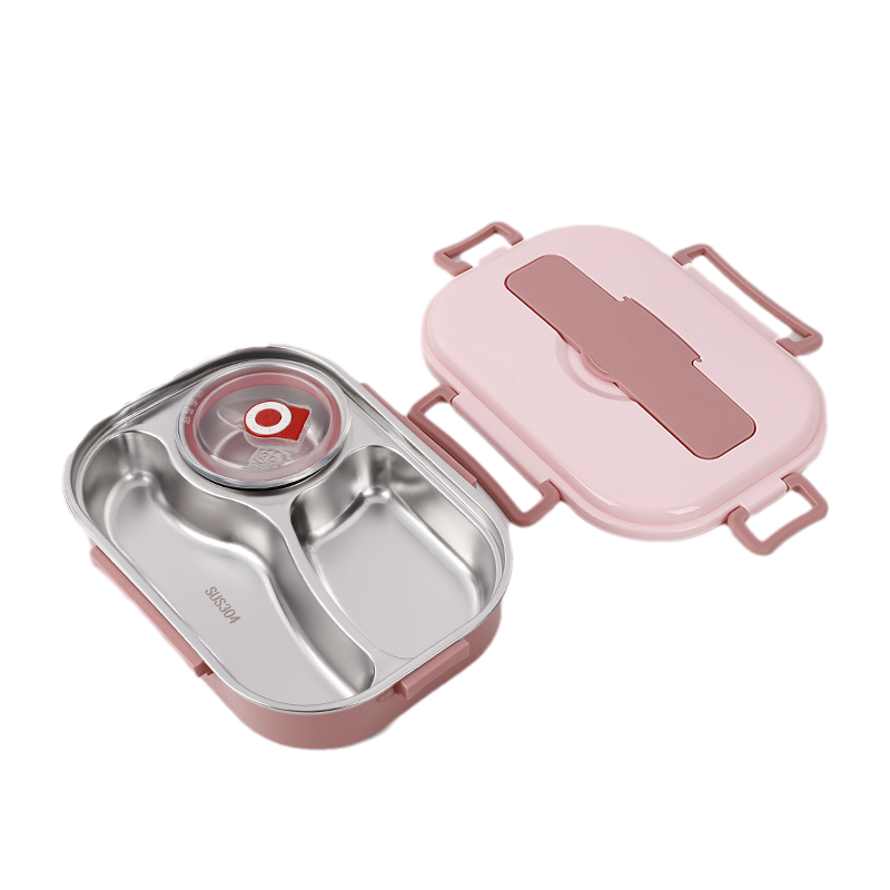 Stainless Steel Lined Bento Lunch Box with Divided Compartments, Soup Bowl and Snap Lid in Four Colors