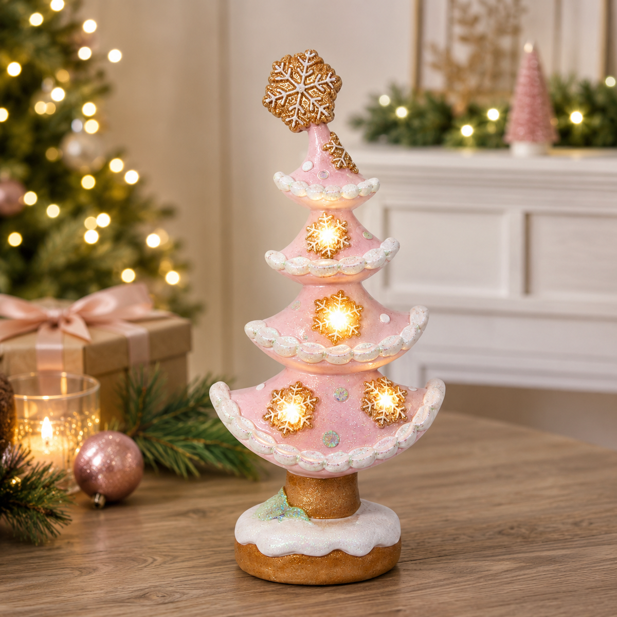 Pink Gingerbread Tabletop Tree with LED Lights and Snowflake Cookie Topper