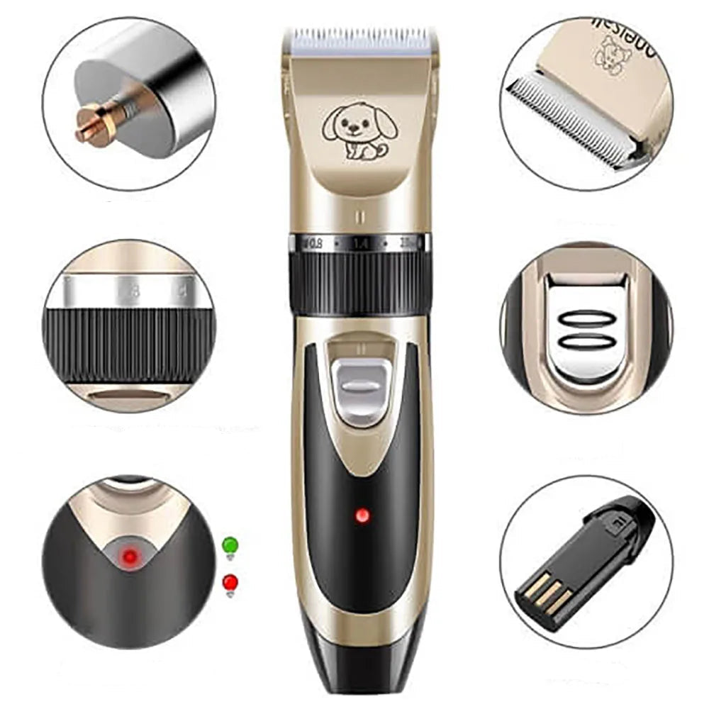 Cordless Rechargeable Pet Fur Trimmer Set with Four Guide Combs, a Cleaning Brush and a Charging Cable