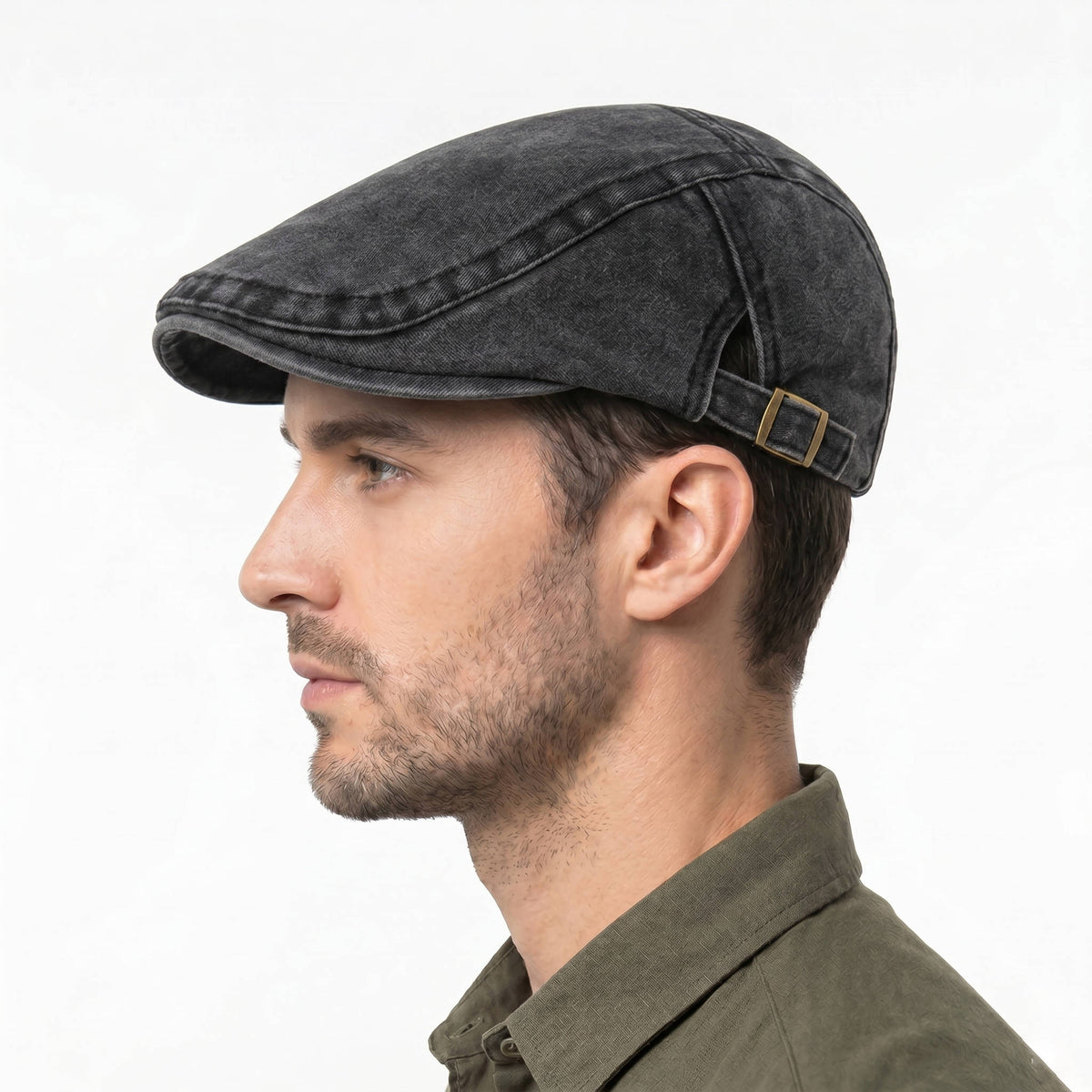 Distressed Denim Flat Cap with Eight Panel Construction and Adjustable Band
