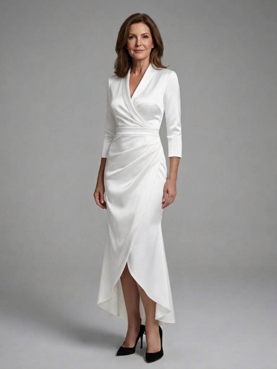 Women's Long Sleeve Midi Dress with Fluid Drape and Natural Shape Following Cut