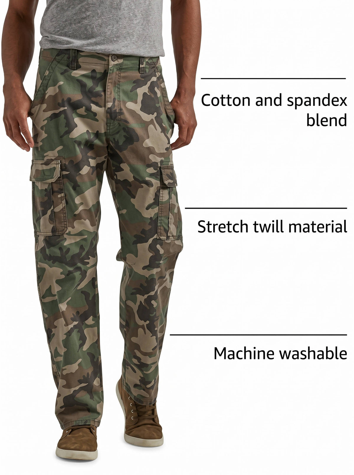 Stretch Twill Cargo Pants with Six Pockets and Relaxed Fit for Men