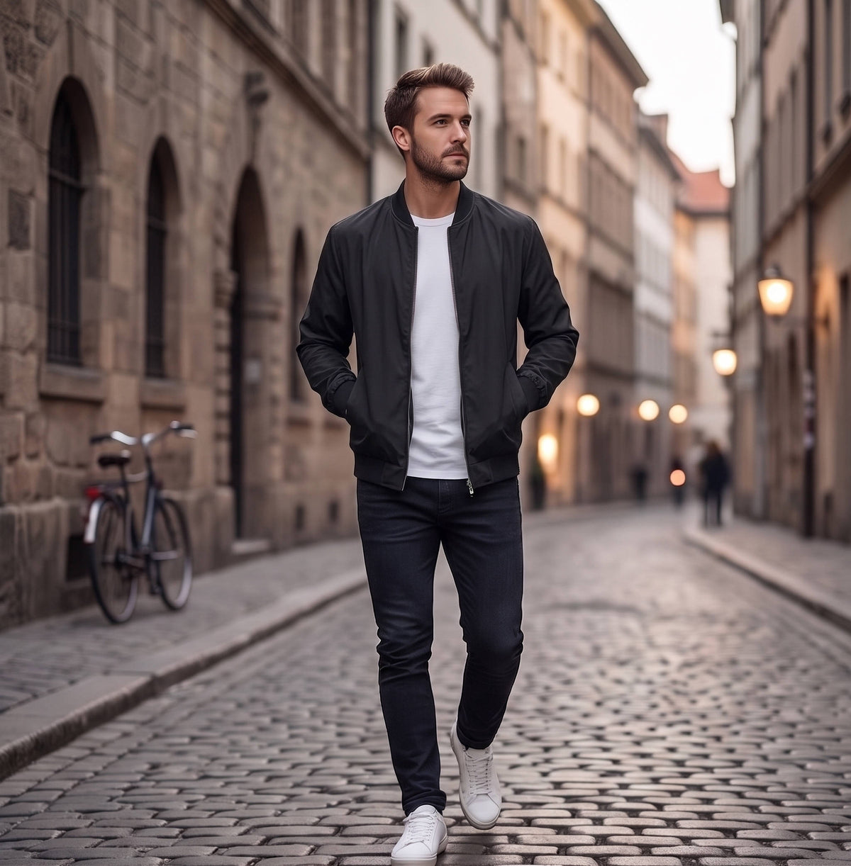 Matte Bomber Jacket with Metal Zipper and Rib Knit Trim for Men