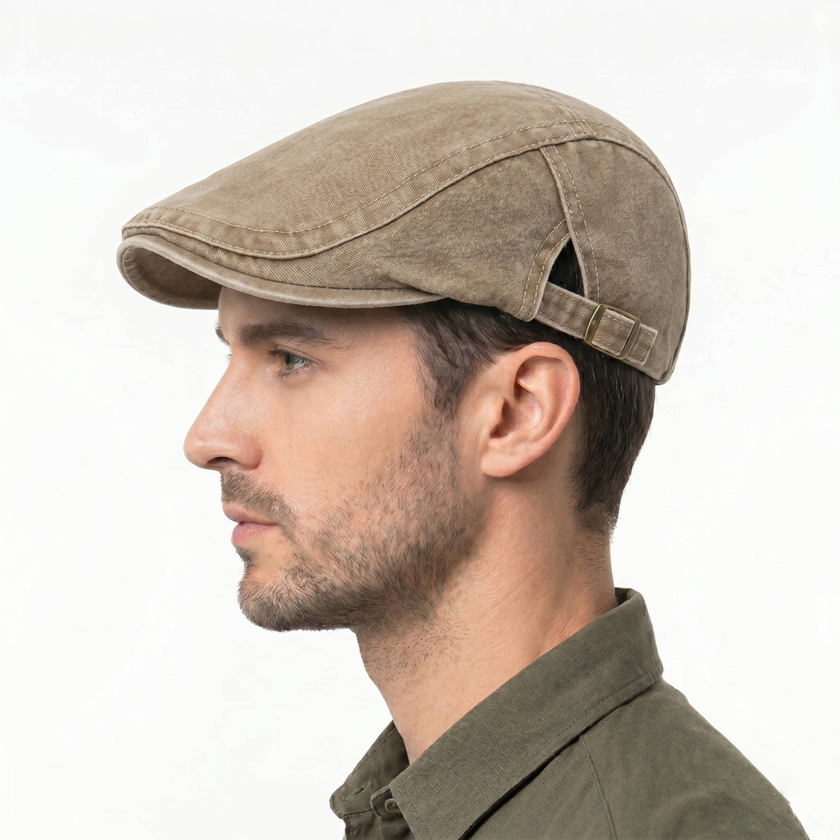 Distressed Denim Flat Cap with Eight Panel Construction and Adjustable Band