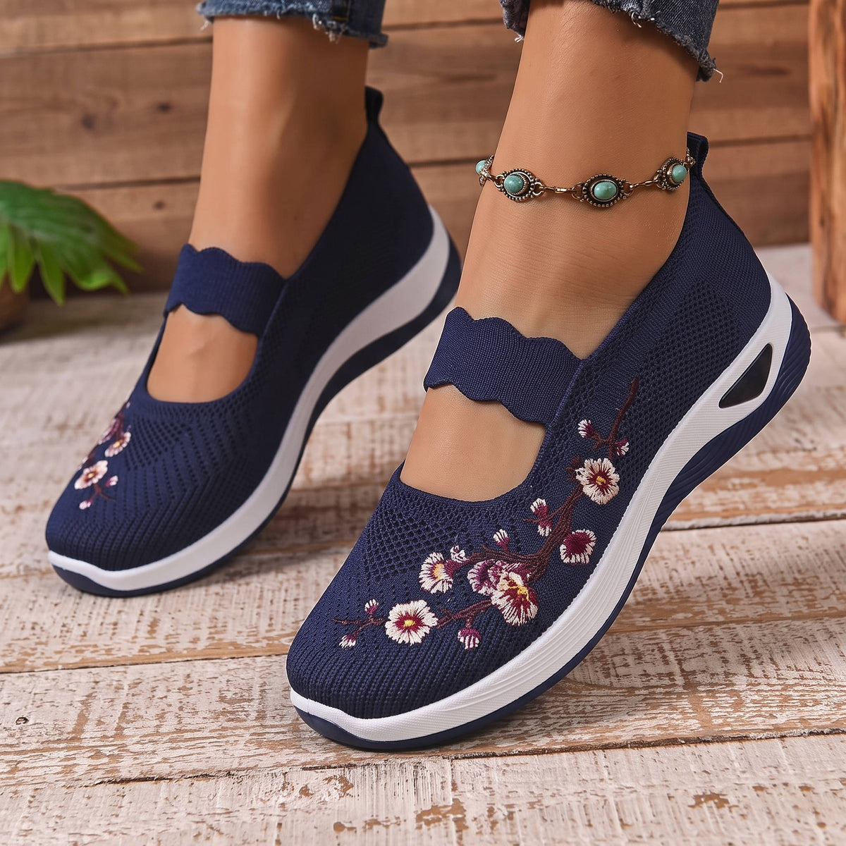 Breathable Mary Jane Shoe with Mesh Upper and Elastic Instep Strap, Floral Embroidery