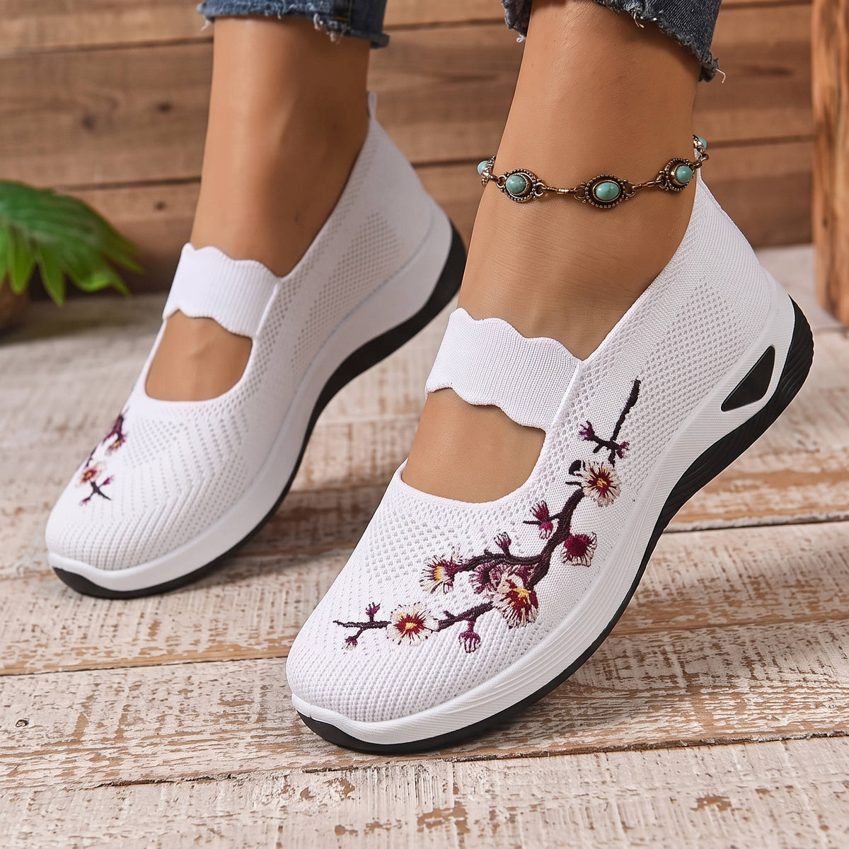 Breathable Mary Jane Shoe with Mesh Upper and Elastic Instep Strap, Floral Embroidery