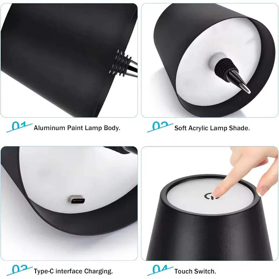 Collage of a black LED Bottle Table Lamp with features highlighted, including aluminum paint body, soft acrylic shade, Type-C charging, and touch switch.