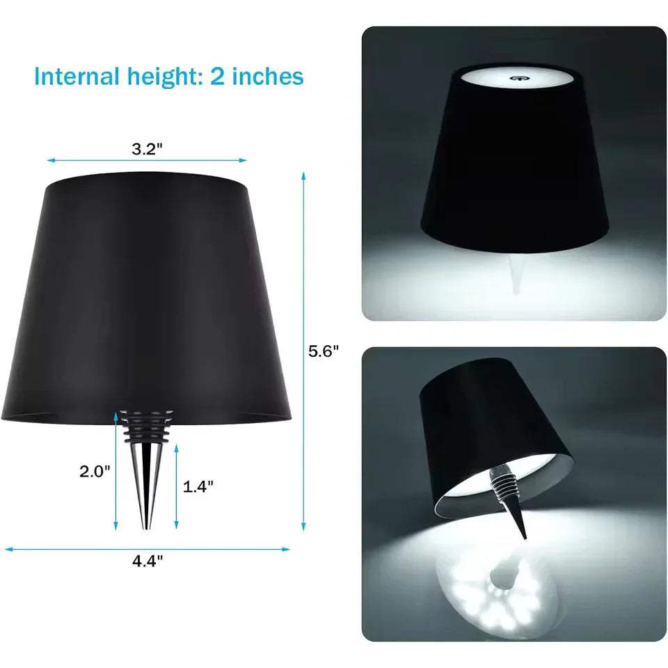 Black LED Bottle Table Lamp with measurements and light emission shown on a white background