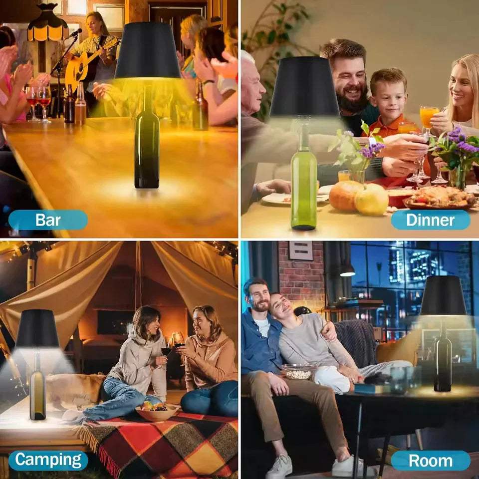 Collage of a LED Bottle Table Lamp with different settings including bar, dinner, camping, and room.