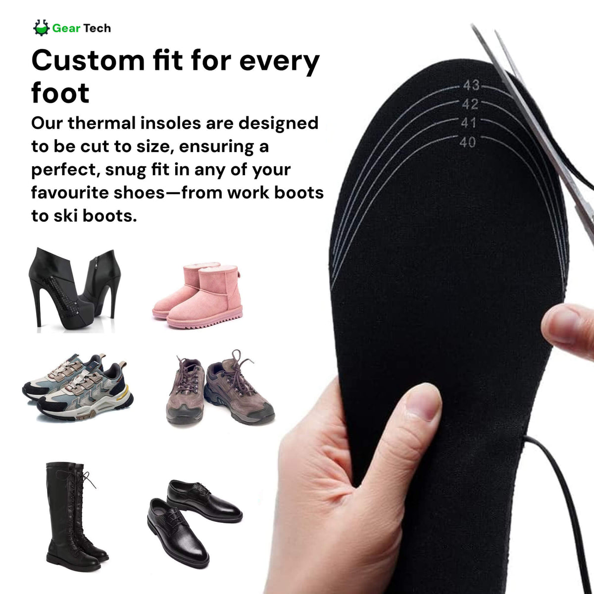 Rechargeable Heated Insoles with Dual Zone Heating and USB Charging, Trimmable US 4-12