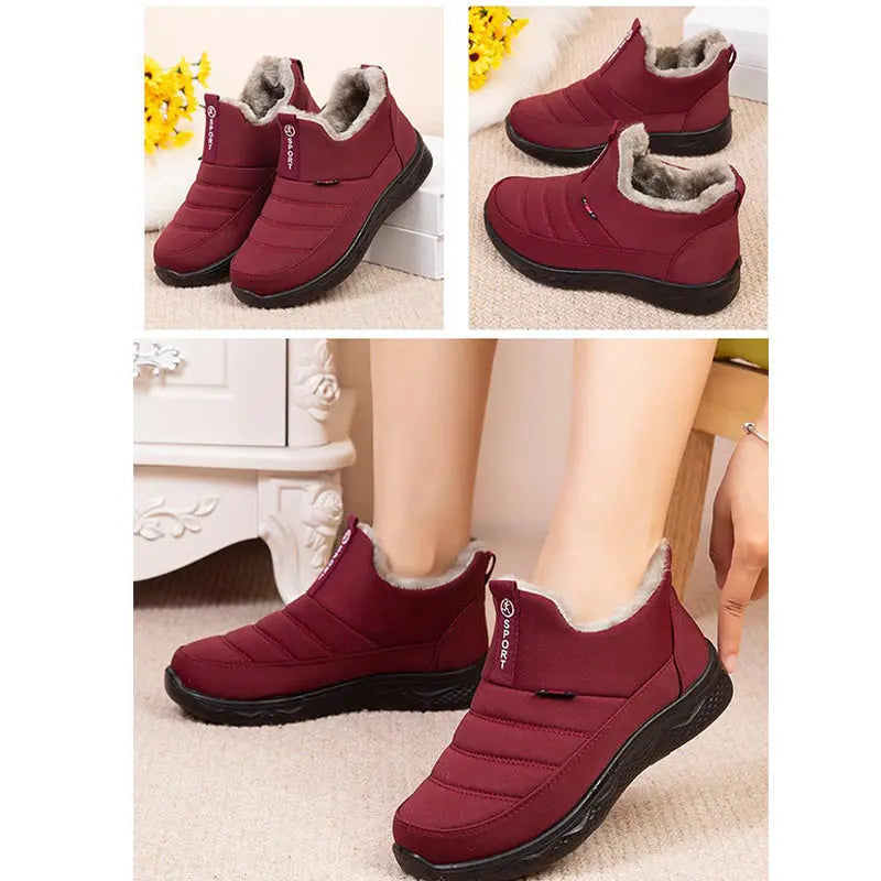 Womens Zip Up Ankle Boots with Fur Lining and Rubber Sole in Red Or Black for Winter