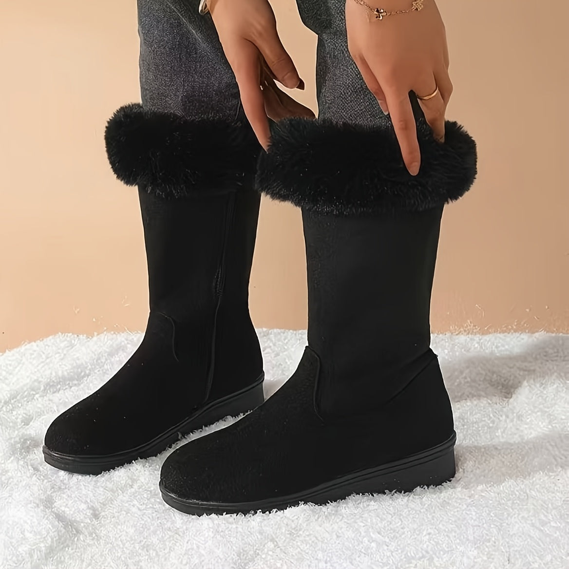 Womens Mid Calf Winter Boots with a Plush Cuff, Lining and Flat Sole in Black, Space Gray or Red Size 5