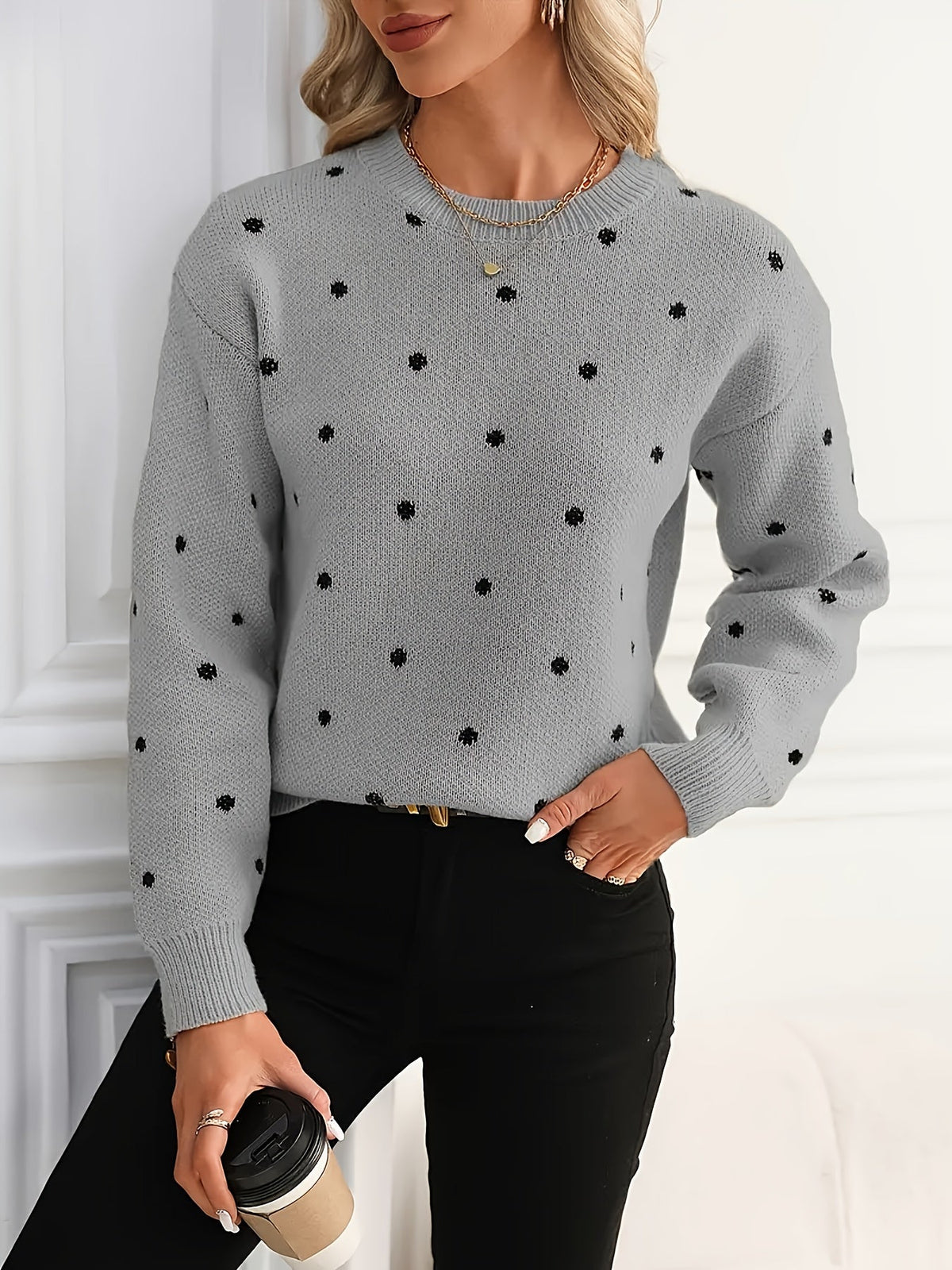 Polka Dot Crew Neck Sweater with Light Stretch and Soft Warm Knit for Fall and Winter