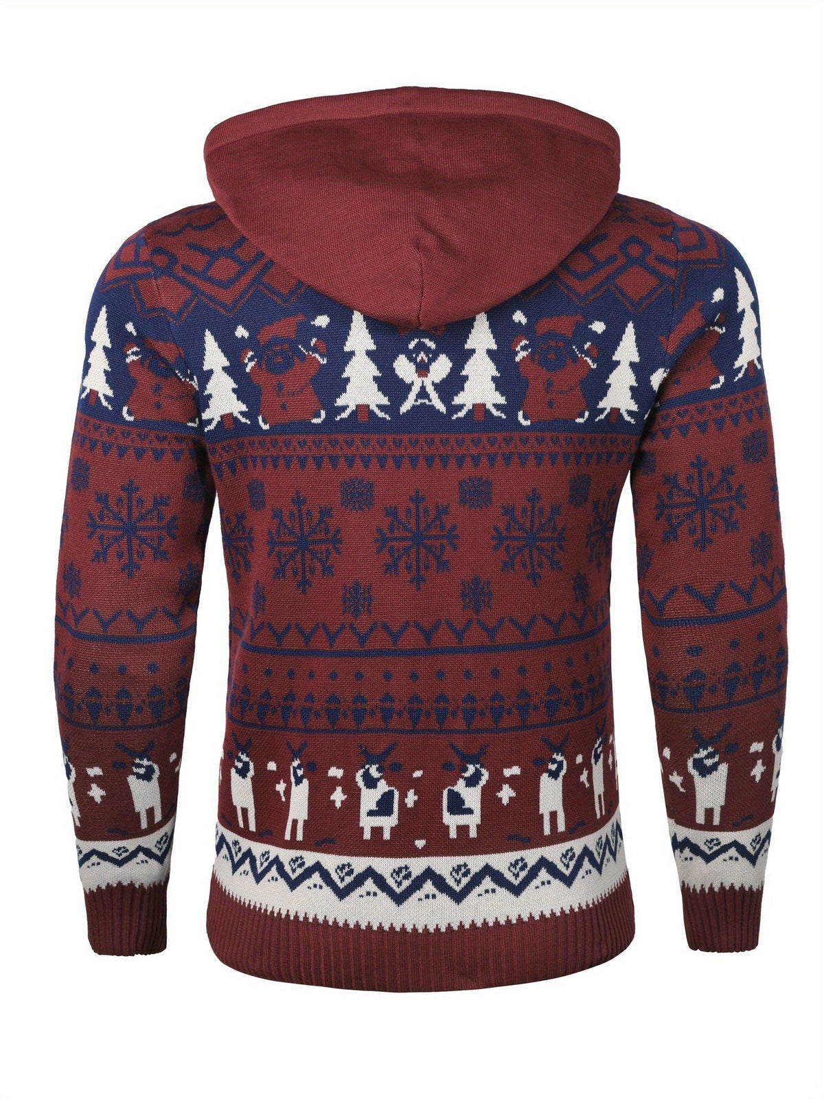 Christmas Hooded Sweater with Reindeer, Snowflake and Star Patterns and Drawstring Hood