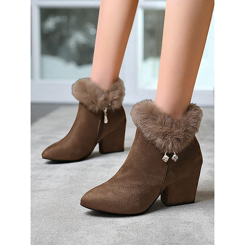 Block Heel Ankle Boots with Plush Trim, Pointed Toe and Side Zip in Brown or Black
