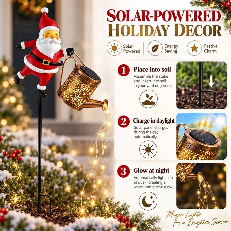 Solar-powered holiday decoration featuring a Santa Claus figure holding a glowing gold watering can, shown in a festive garden setting with step-by-step usage instructions and feature icons on the right.