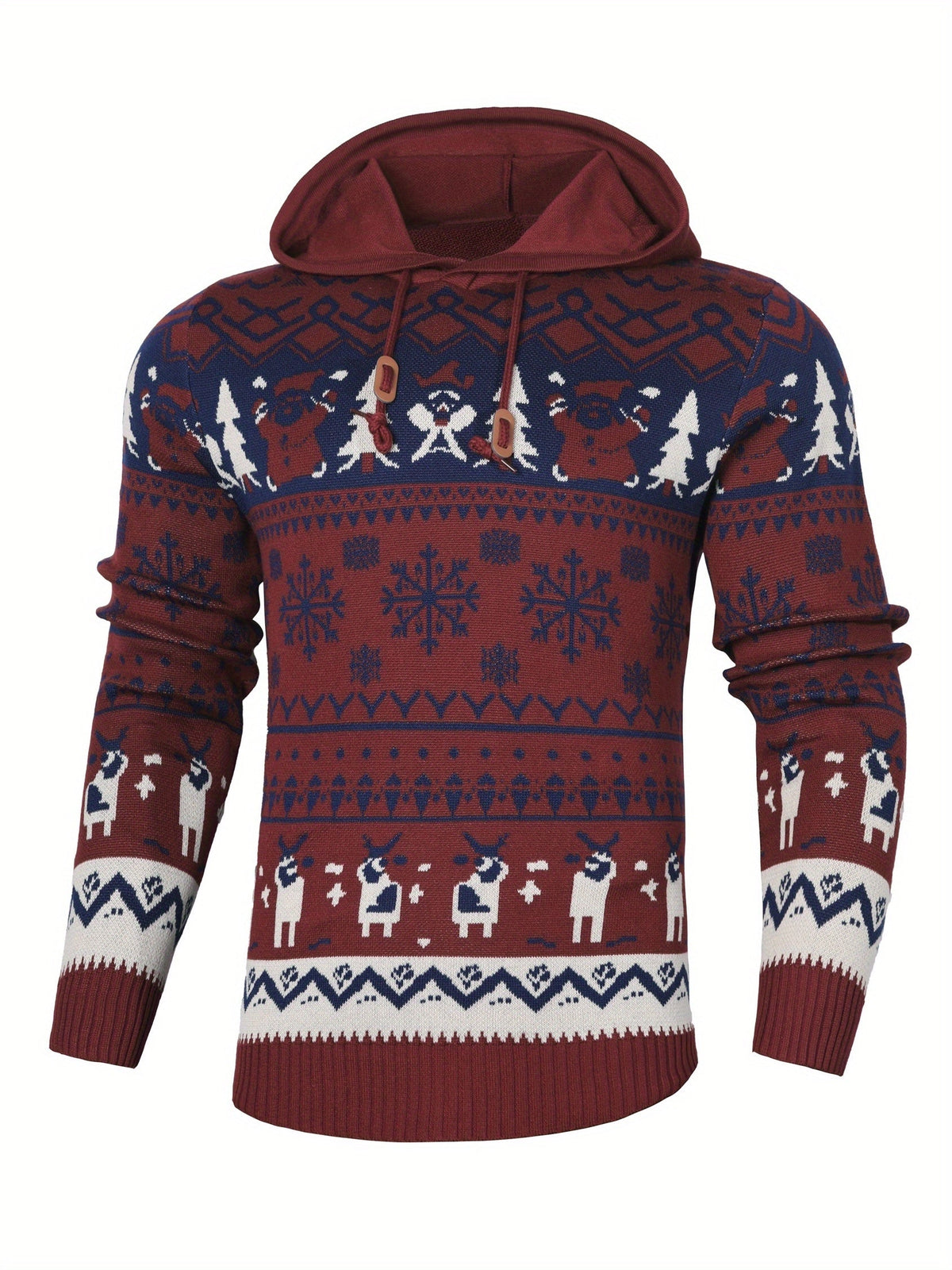 Christmas Hooded Sweater with Reindeer, Snowflake and Star Patterns and Drawstring Hood