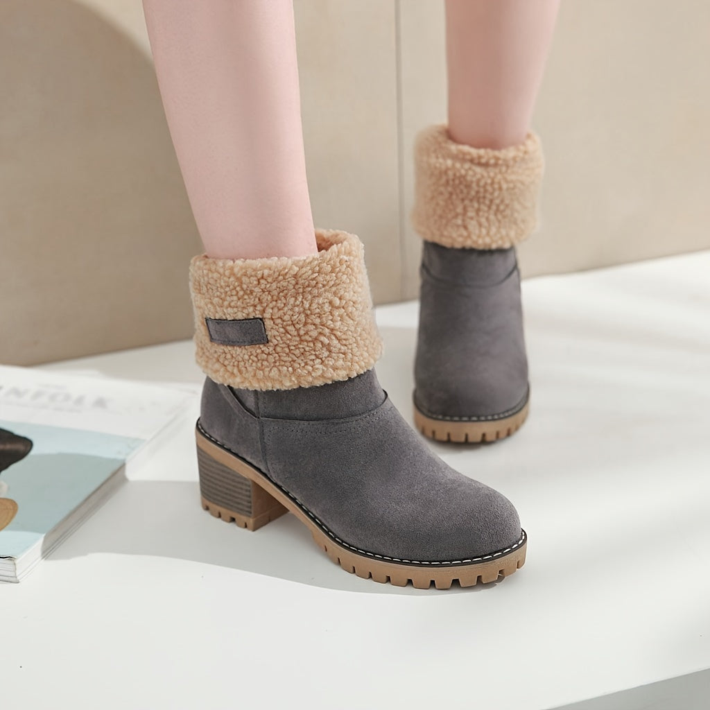 Womens Cuffed Ankle Boots with a Plush Cuff, Block Heel and Slip On Style in Black Size 9