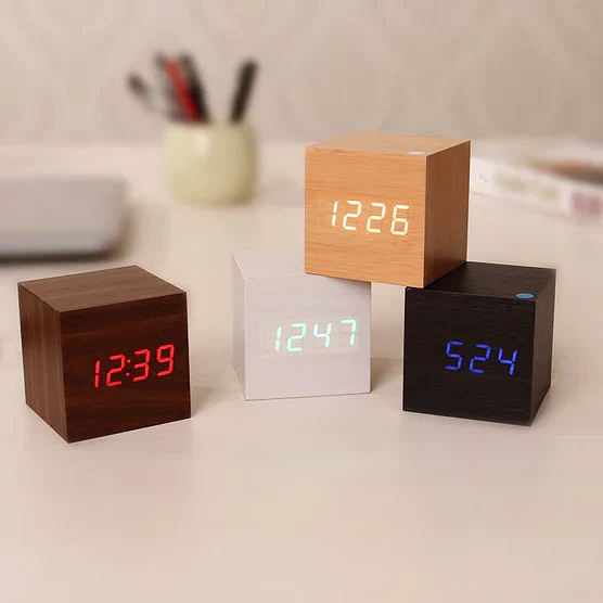 Digital LED Wood Block Clock with Alarm and Battery Power