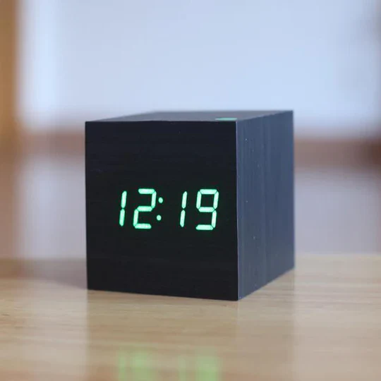 Digital LED Wood Block Clock with Alarm and Battery Power